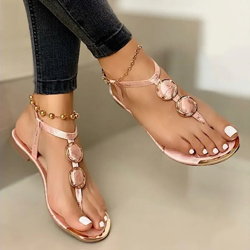 Amozae-SHY 2024 Women Summer Sandals Fashion Casual Beach Outdoor Flip Flop Sandals Metal Decoration Ladies Flat Shoes Big Size 35-43