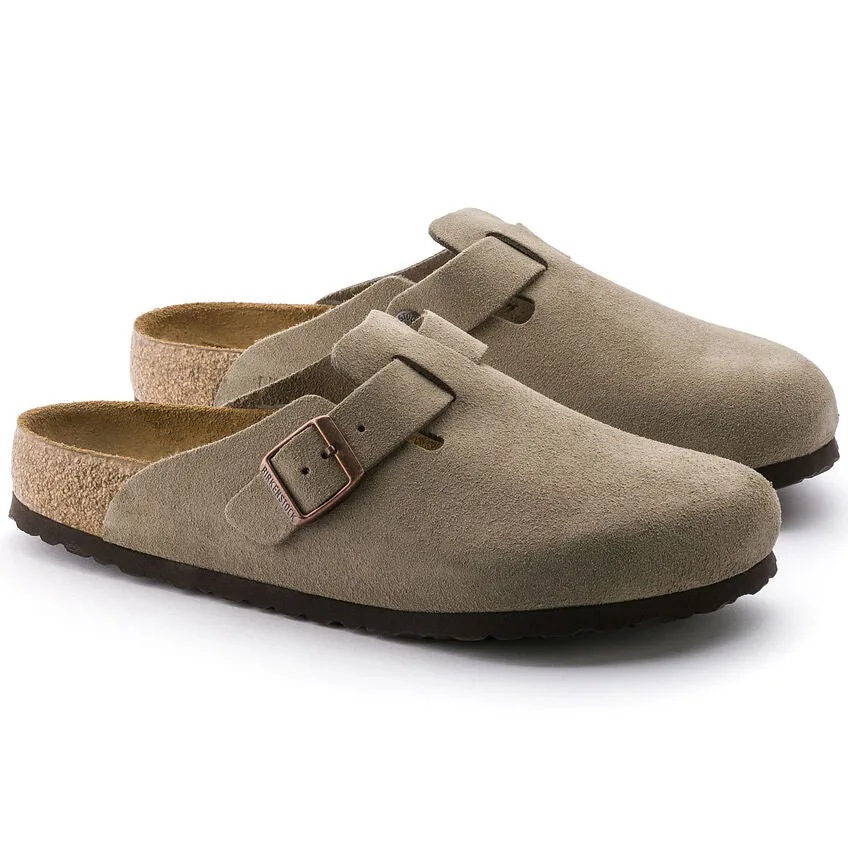 BIRKENSTOCK BOSTON SUEDE SOFT FOOTBED CLOG - TAUPE