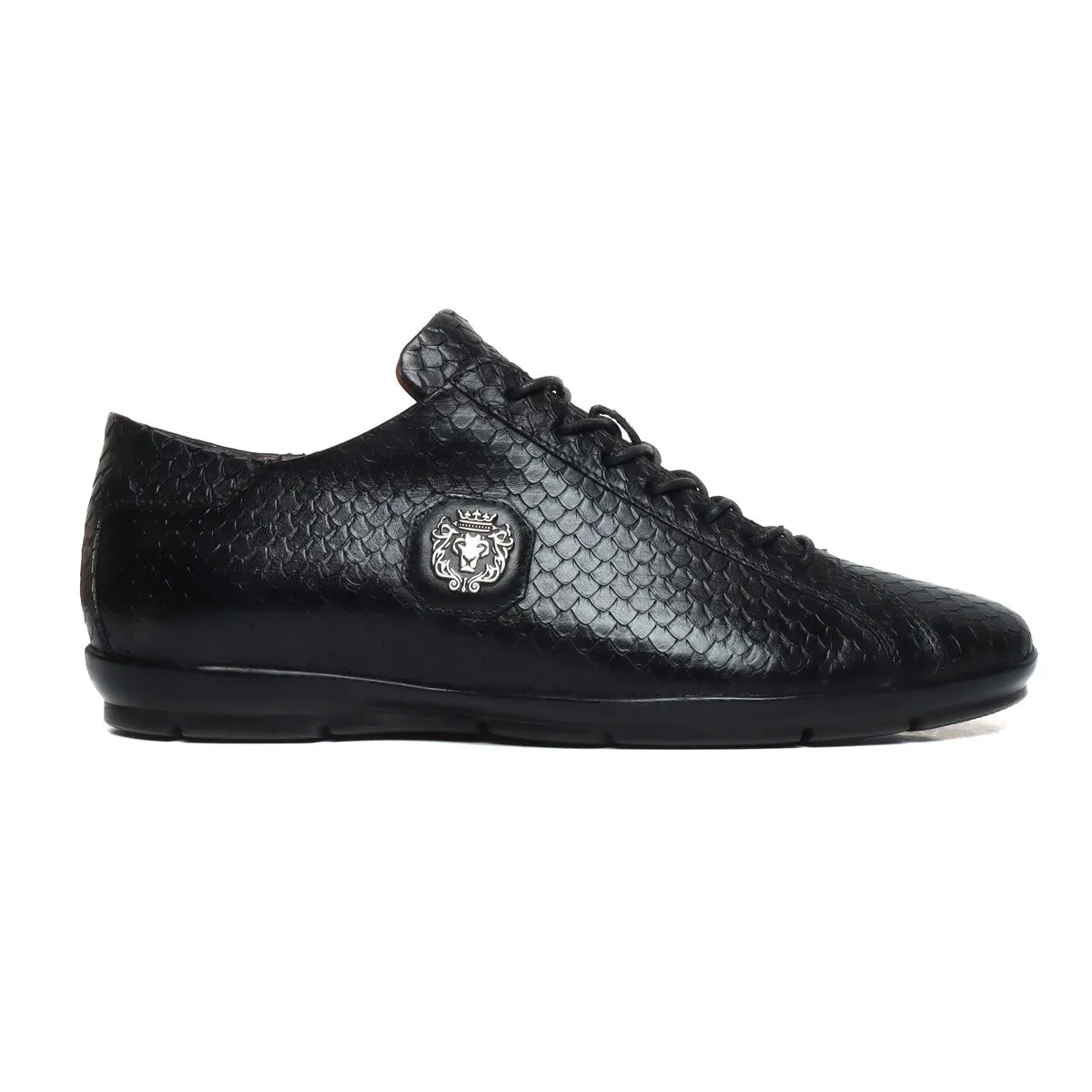 Black Snake Skin Textured Genuine Leather Light Weight Sneakers by Brune & Bareskin