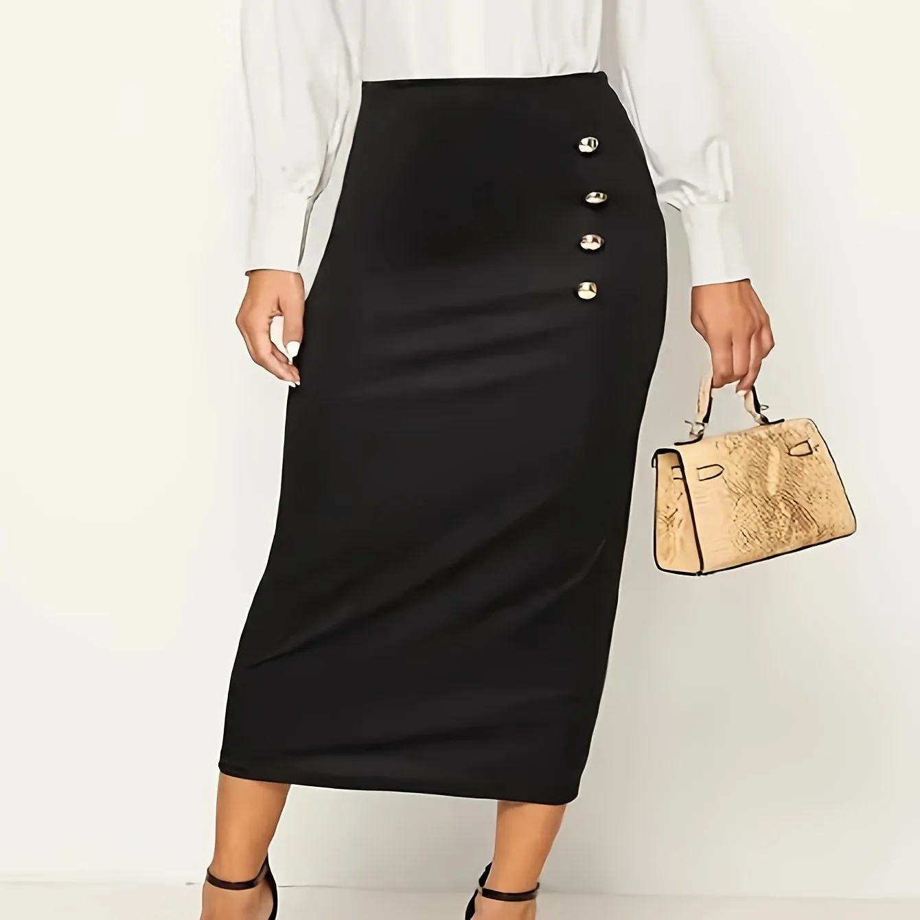 Button Front High Waist Maxi Elegant Slim Solid Work Office Skirts