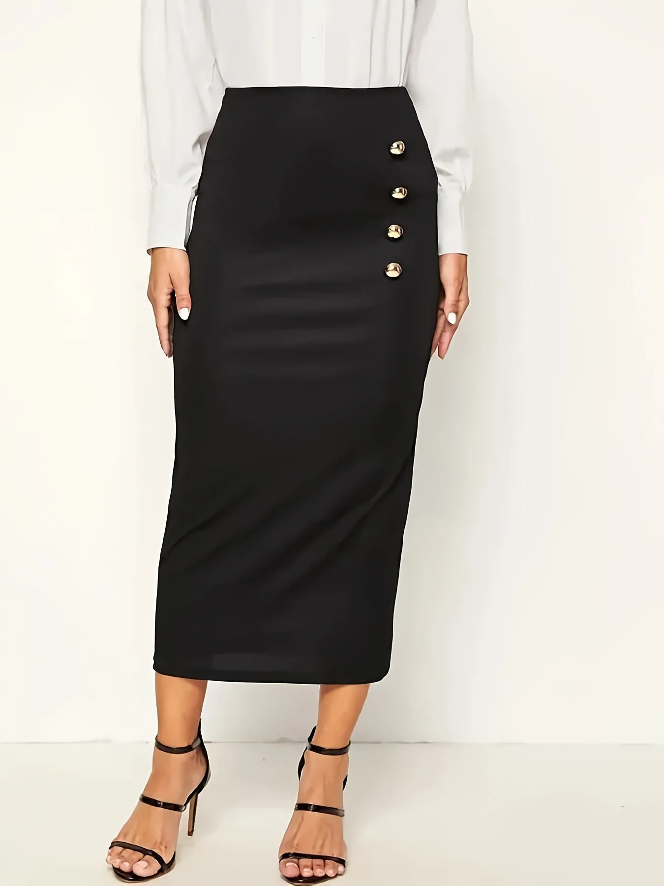 Button Front High Waist Maxi Elegant Slim Solid Work Office Skirts