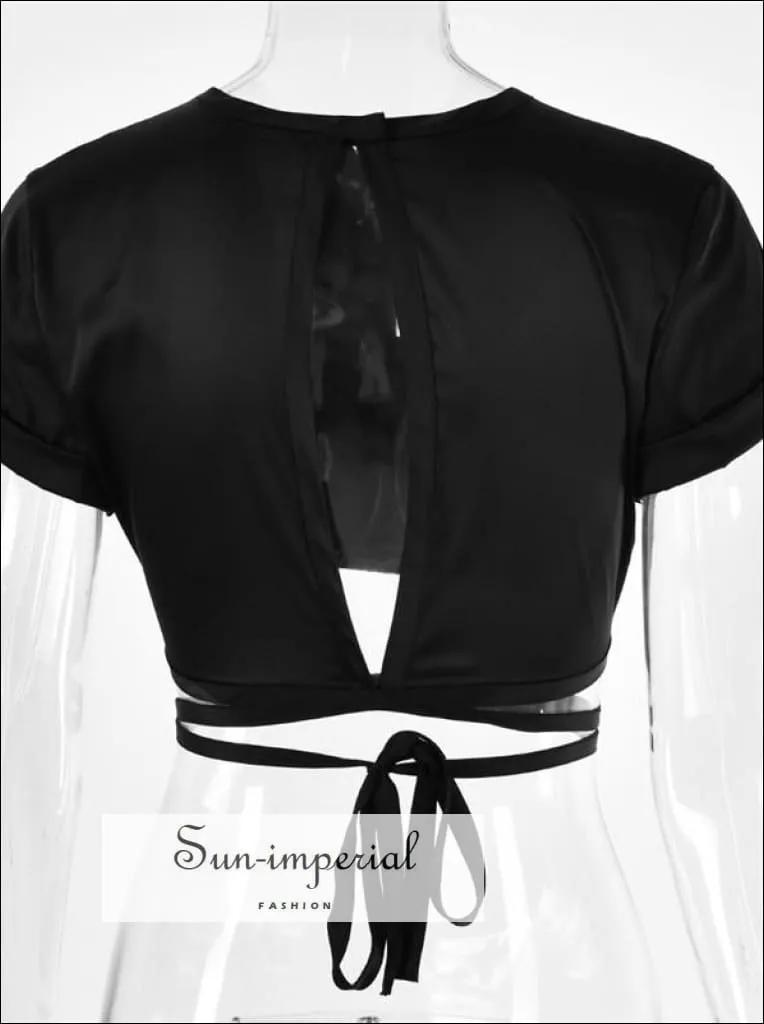 Chelsea top - Black Satin Crop top Short Sleeve O Neck Tie back Blouse