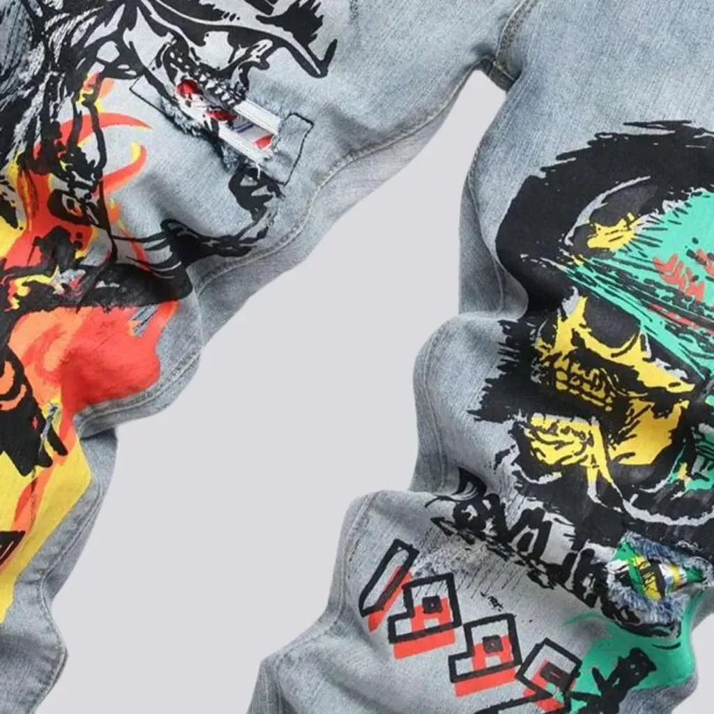 Color skull print painted jeans
 for men