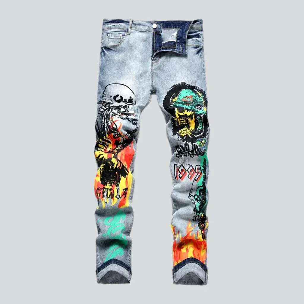 Color skull print painted jeans
 for men