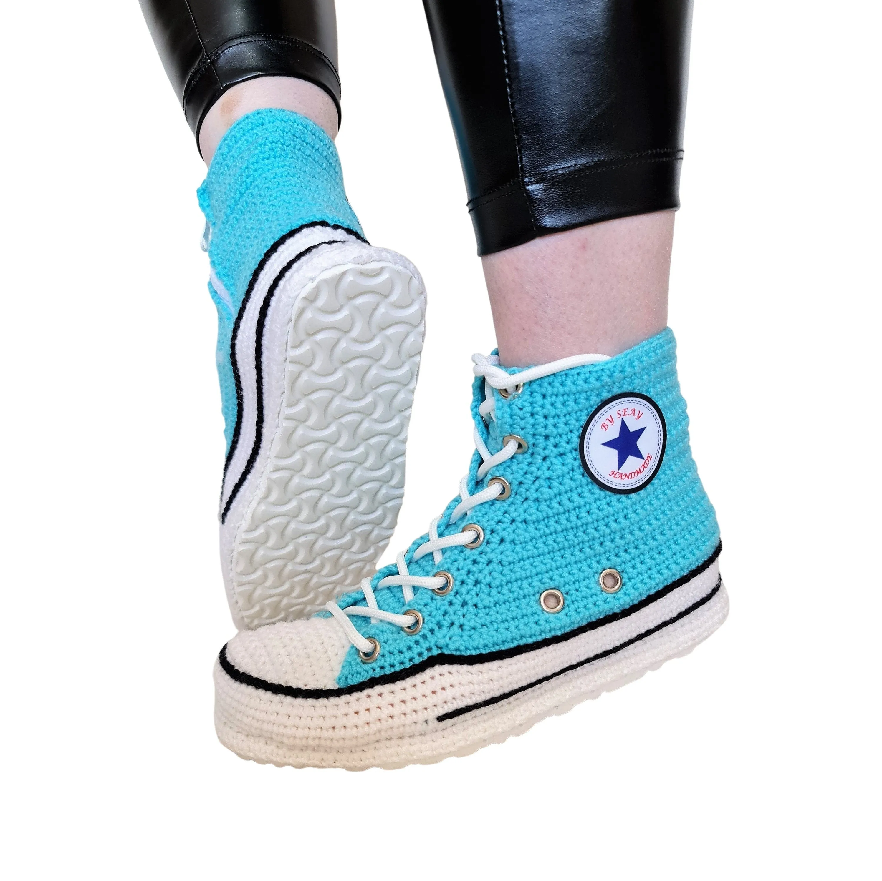 Converse Turquoise High Top Seasonal Crochet Sneakers Slippers Knitted Booties Plush