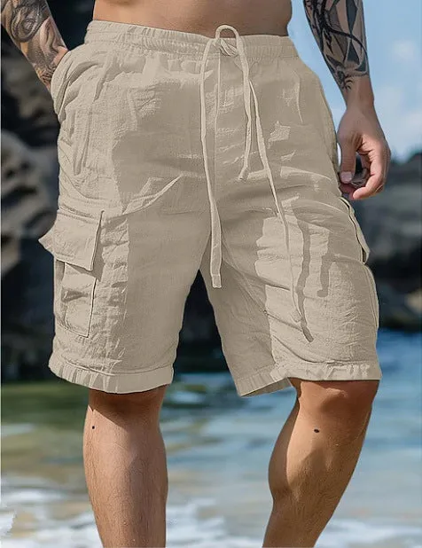 Cotton Linen Shorts Drawstring Elastic Waist Straight Leg Solid Color Breathable Beach Shorts