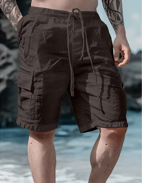 Cotton Linen Shorts Drawstring Elastic Waist Straight Leg Solid Color Breathable Beach Shorts