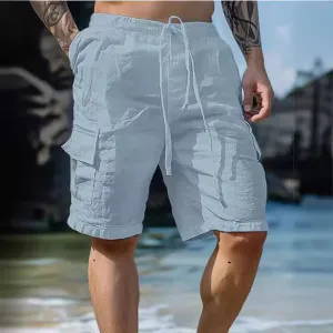 Cotton Linen Shorts Drawstring Elastic Waist Straight Leg Solid Color Breathable Beach Shorts