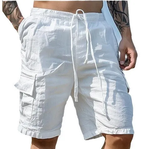 Cotton Linen Shorts Drawstring Elastic Waist Straight Leg Solid Color Breathable Beach Shorts