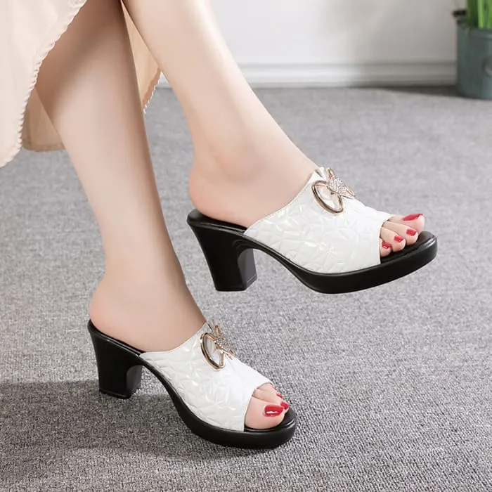 Genuine Leather Non-Slip Thick Heels Women Shoes