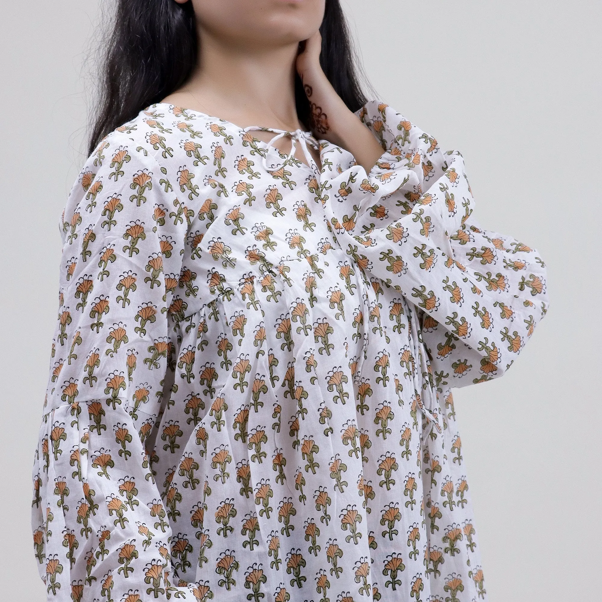 Hand Block Floral Print V Neck Tops For Women