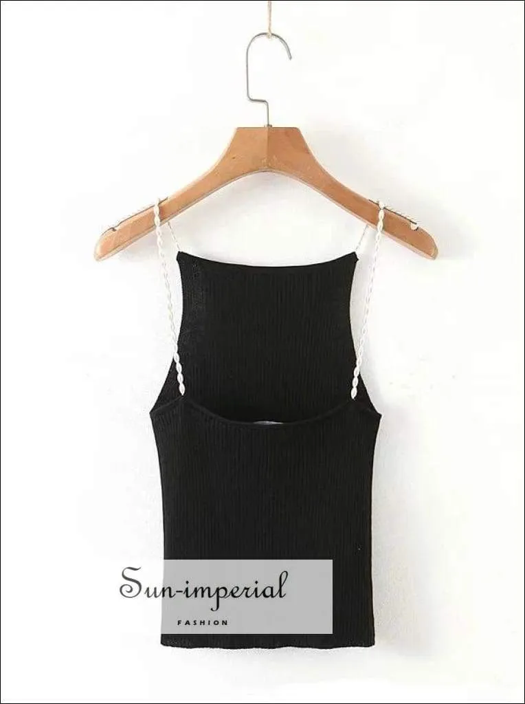 High Neck Women Black Knit Crop top Backless Pearls Beaded Strap Halter Neck top