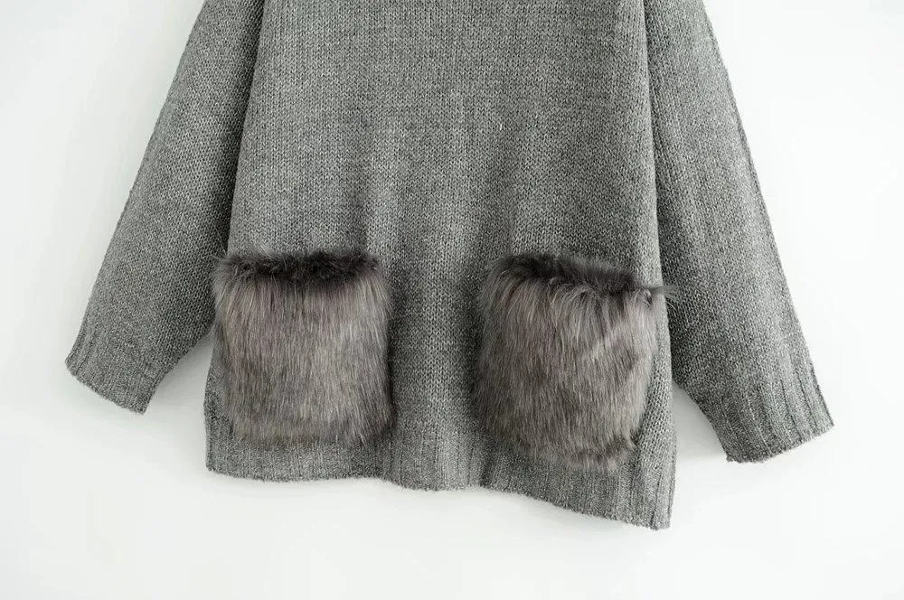 High Street Solid Color Oversize Two Fur Pockets Sweaters