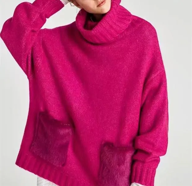 High Street Solid Color Oversize Two Fur Pockets Sweaters