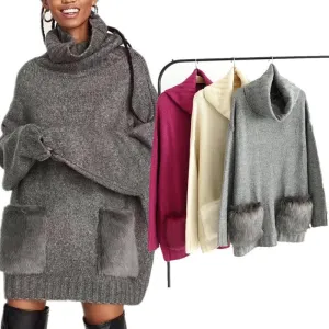 High Street Solid Color Oversize Two Fur Pockets Sweaters