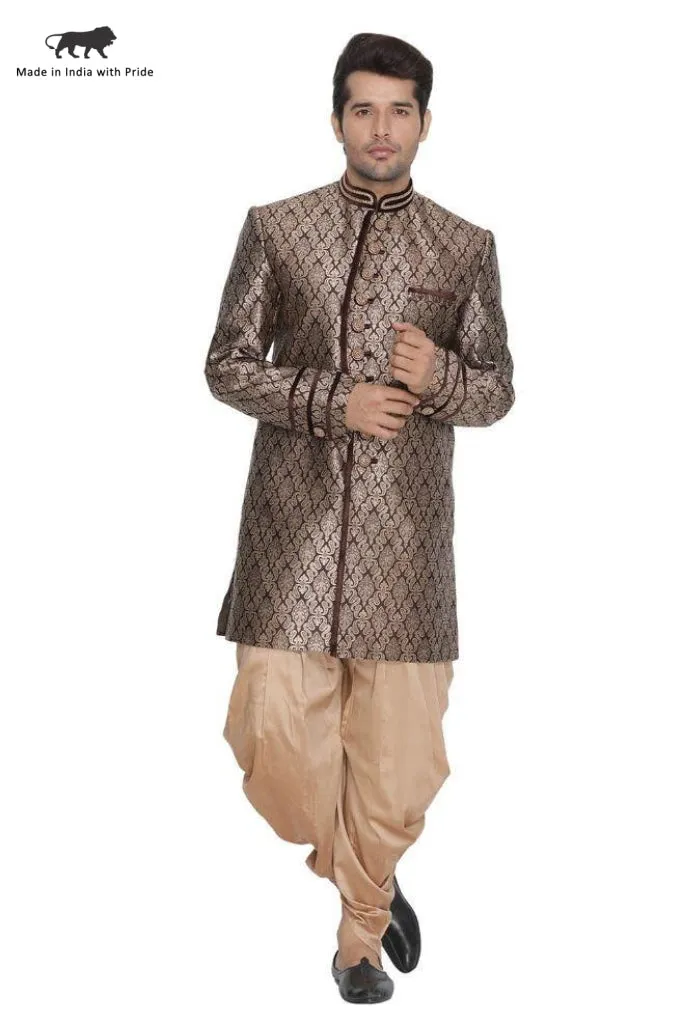 Jashvi Men's Brown Cotton Silk Blend Sherwani Set