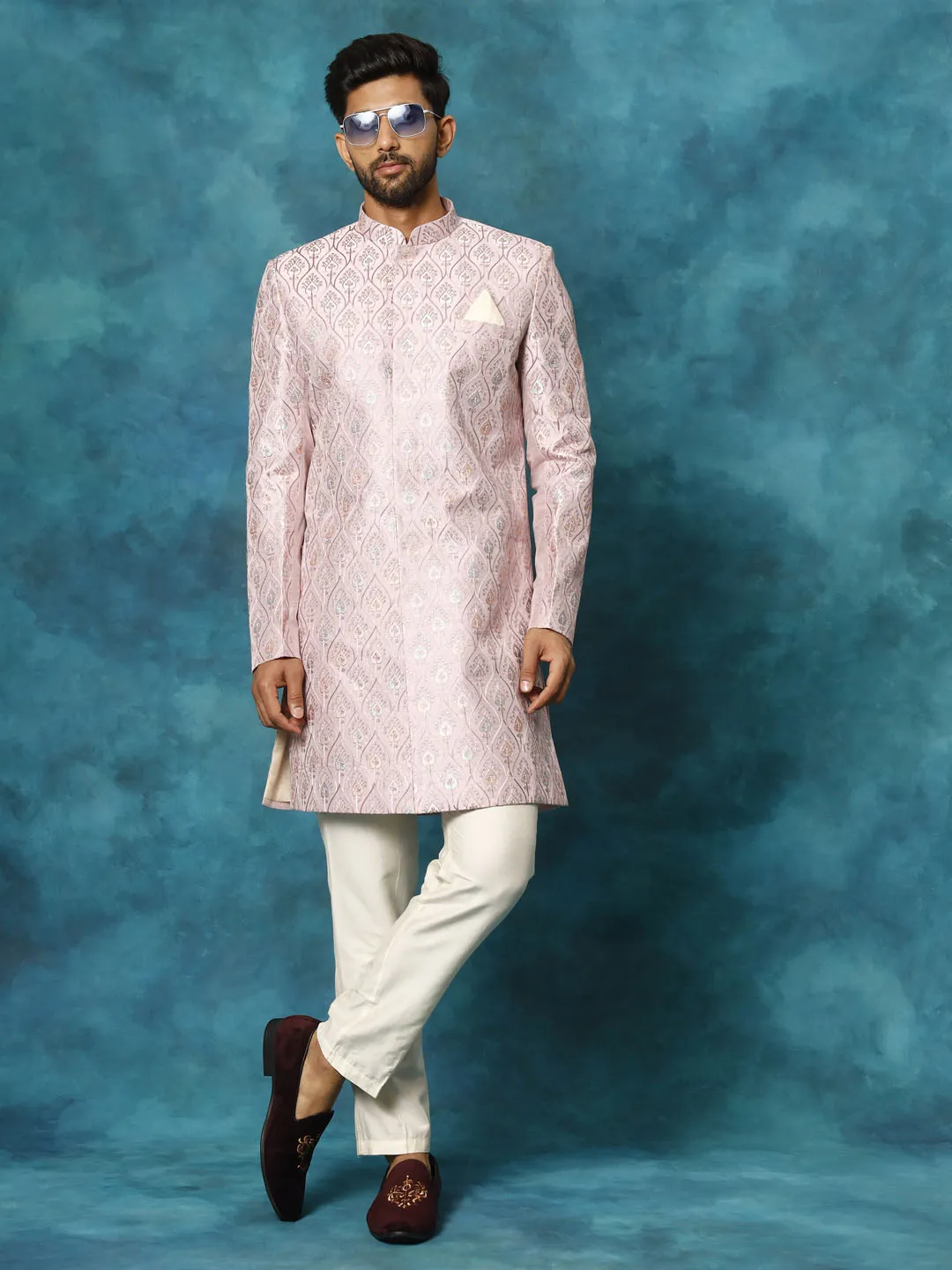 Jashvi Men's Purple Pastel Embroidered Sherwani Only Top