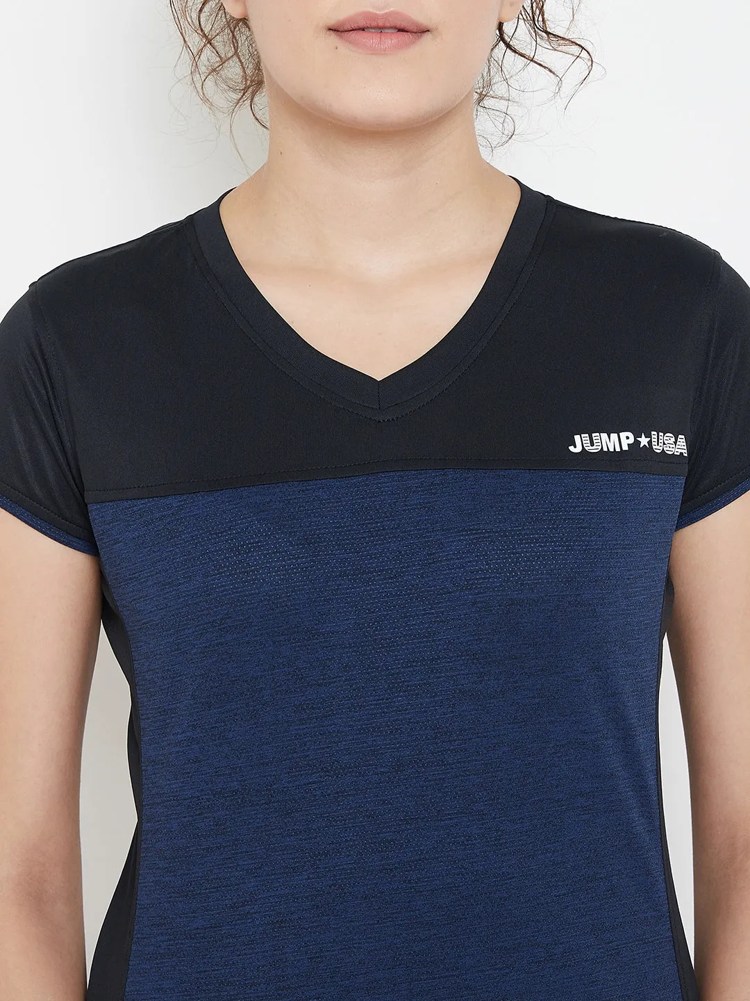 JUMP USA Women Black & Navy V-Neck Training T-shirt