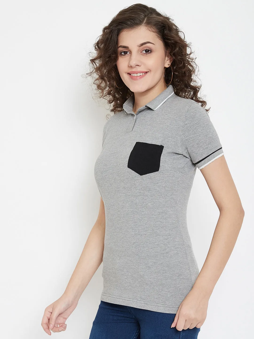 JUMP USA Women Grey  Printed Polo T-shirt