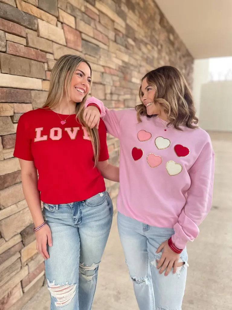 Lots Of Love Chenille Heart Graphic Sweatshirt with Long Sleeves in Light Pink