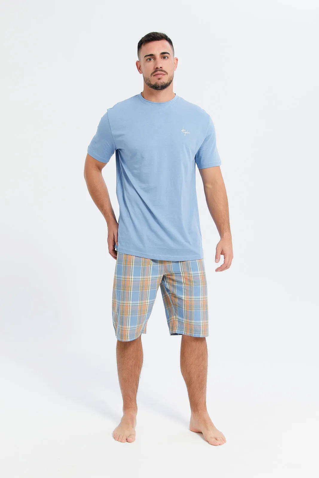 Men Blue Check Pyjama Set (2 Piece)