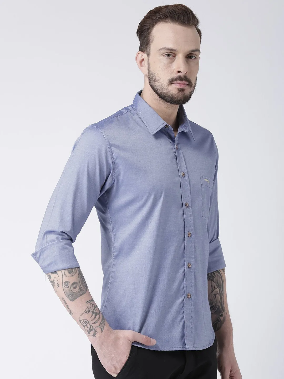 Men Blue Solid Cotton Slim Fit Shirt