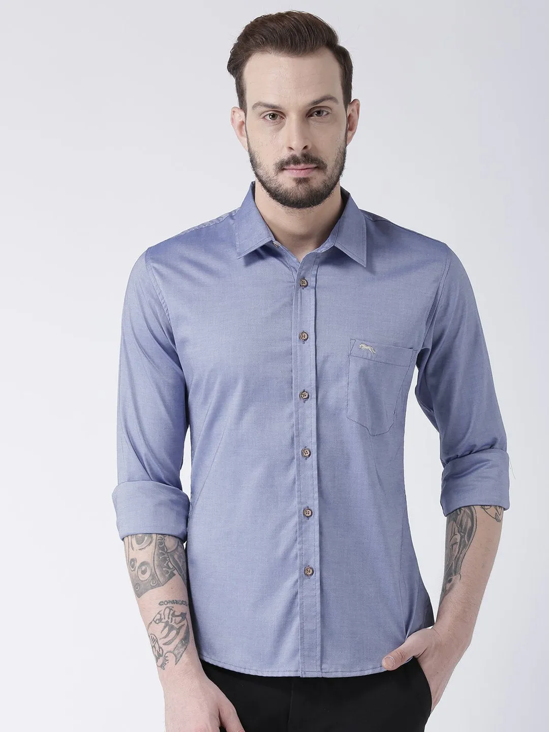 Men Blue Solid Cotton Slim Fit Shirt