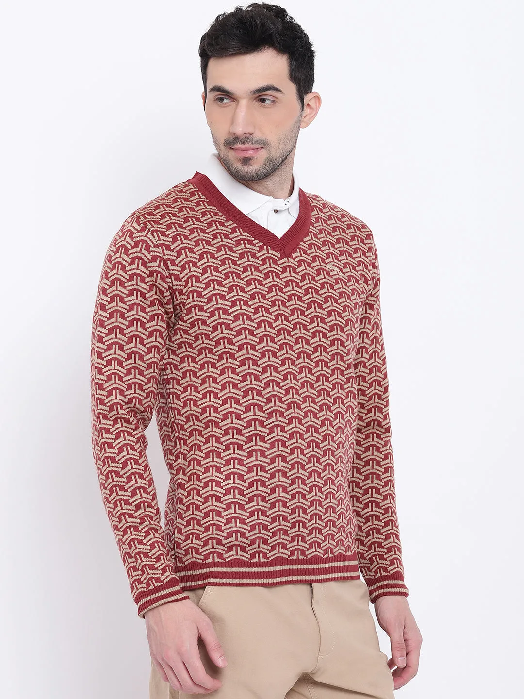 Men Casual Printed Red Sweaters