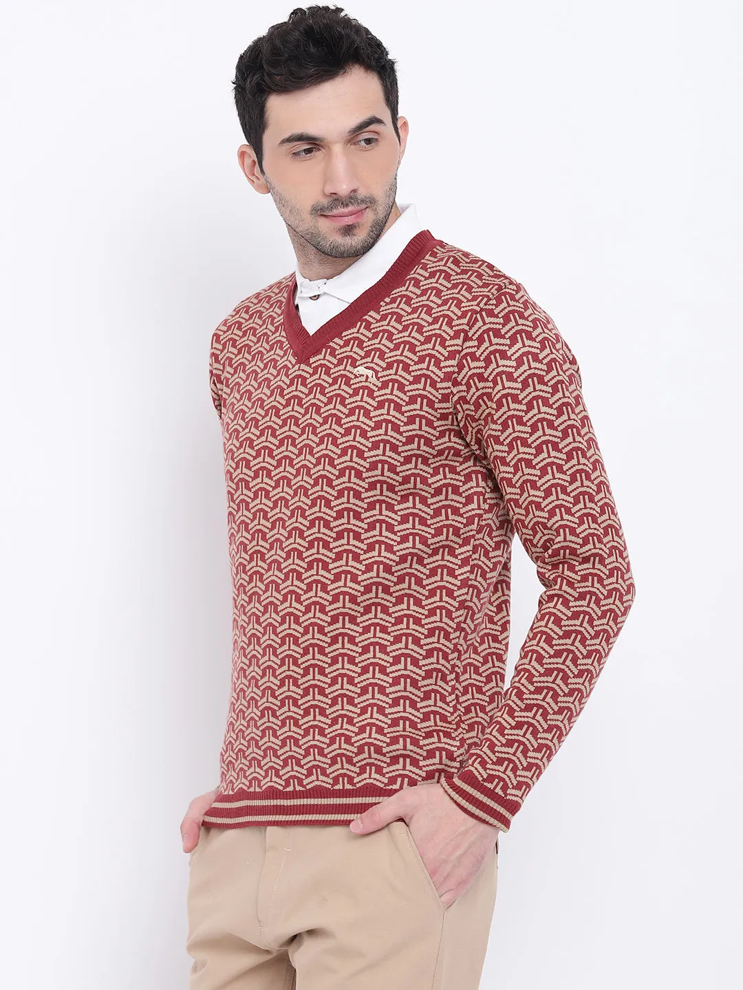 Men Casual Printed Red Sweaters