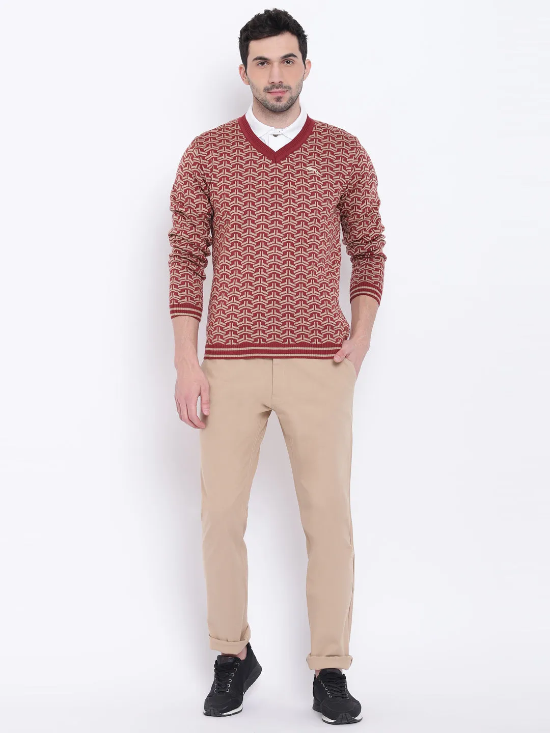 Men Casual Printed Red Sweaters