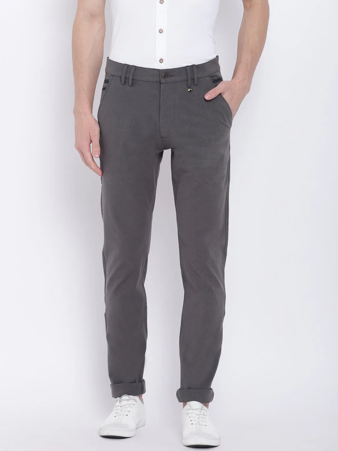 Men Casual Solid Charcoal Chinos