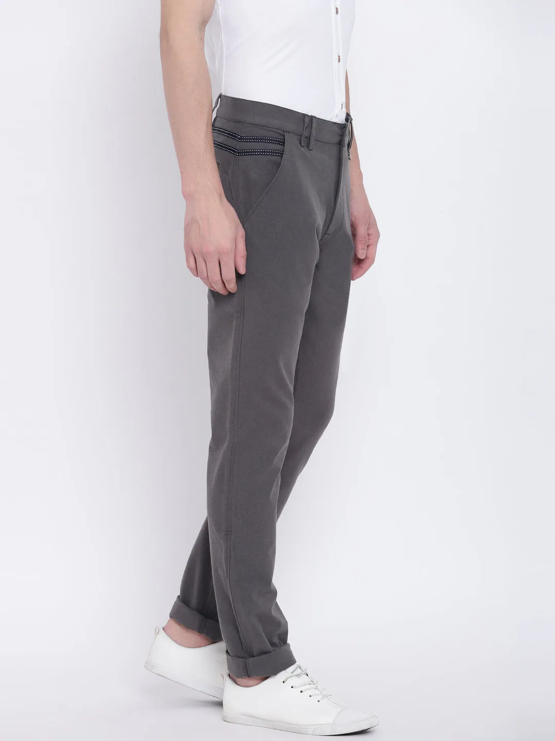 Men Casual Solid Charcoal Chinos