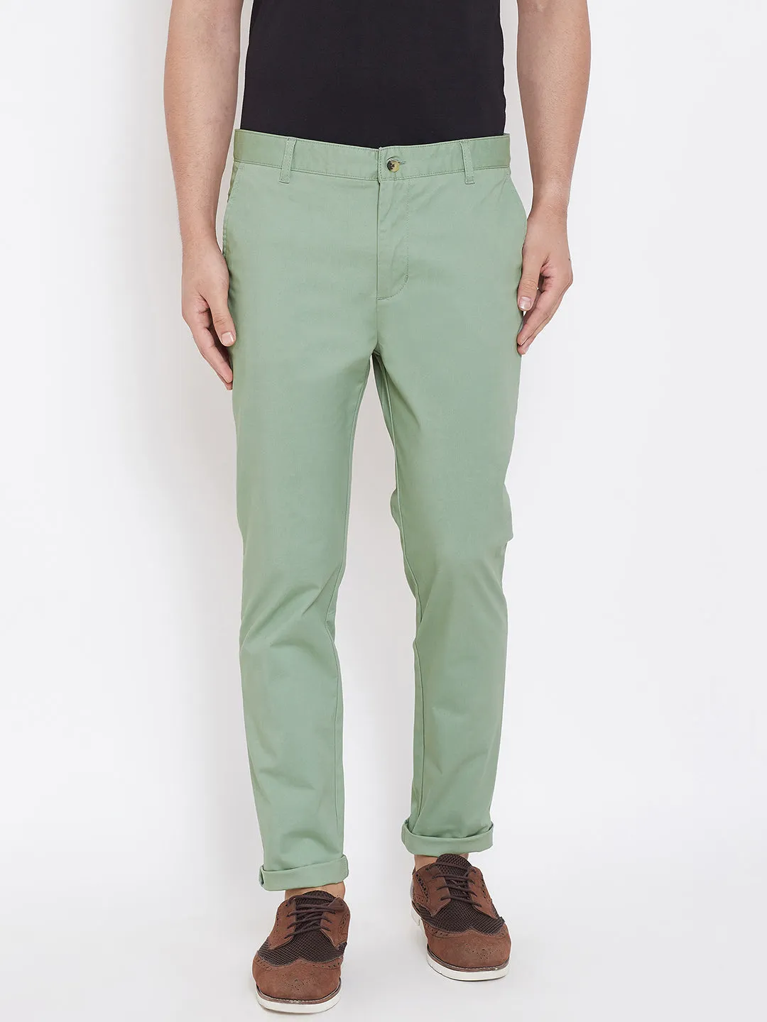 Men's Fern Green Stretch Washed Casual Tailored Fit Chinos