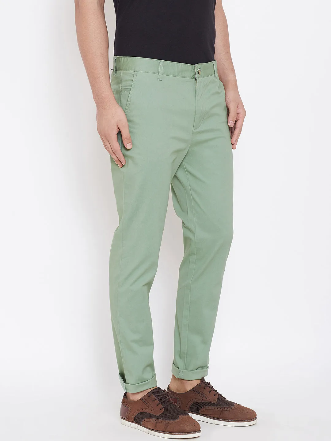 Men's Fern Green Stretch Washed Casual Tailored Fit Chinos