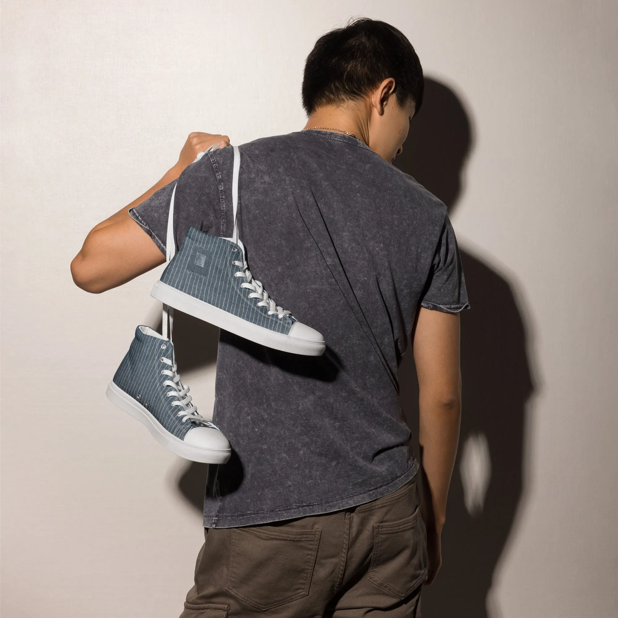 Men’s " Denim Pinstripe Print " high top canvas shoes