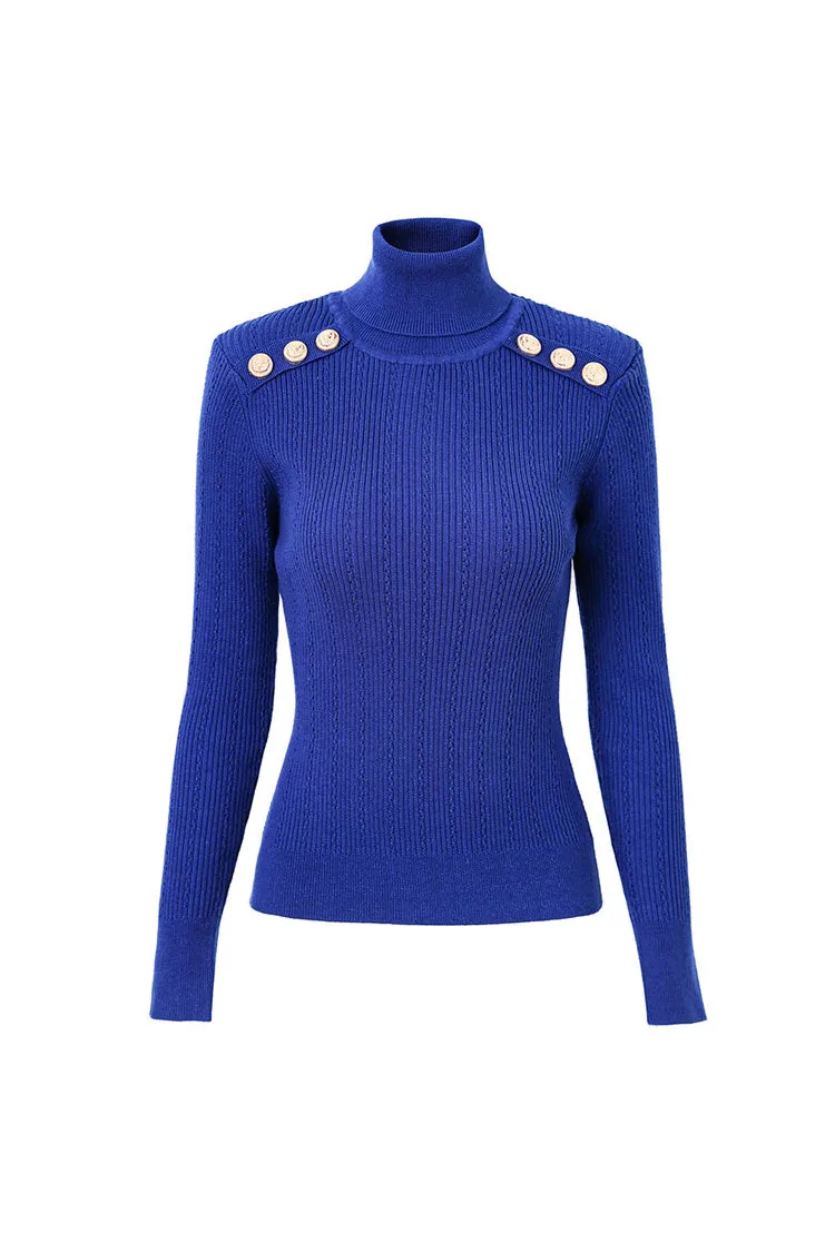 Metallic Button Long Sleeve Wool Blend Turtleneck Ribbed Knit Sweater