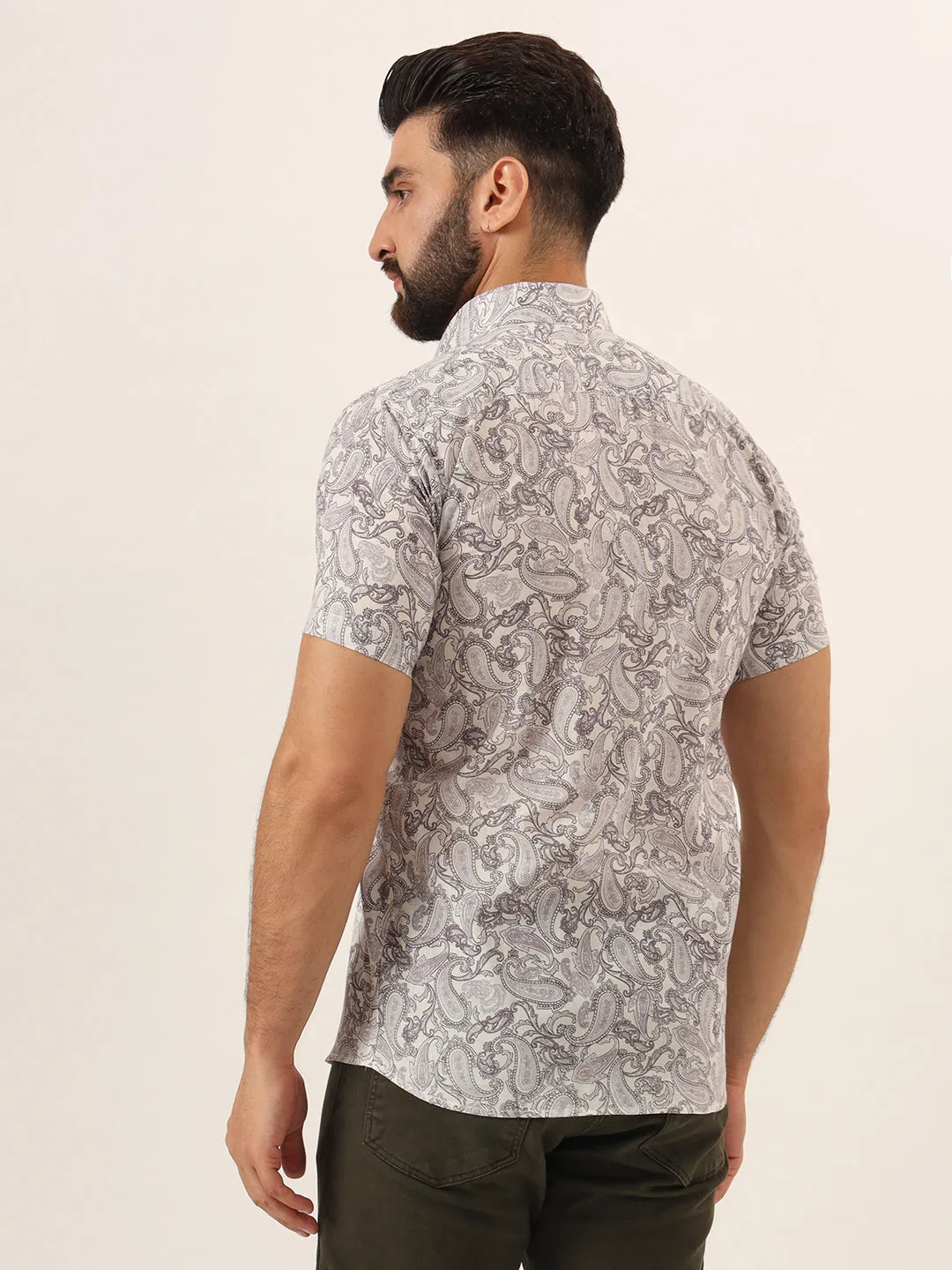 MILLENNIAL MEN Lavender Paisley Print Pure Cotton Regular Fit Casual Half Sleeve