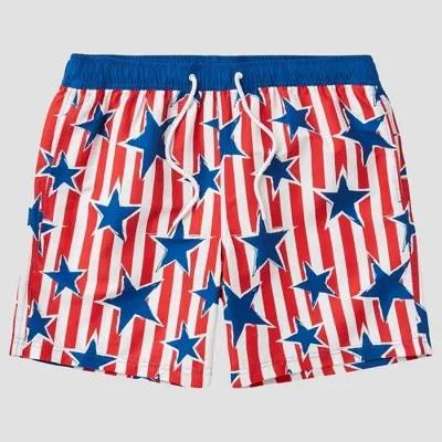 New - Men's Star Print Striped Americana Swim Shorts - Blue/Red M