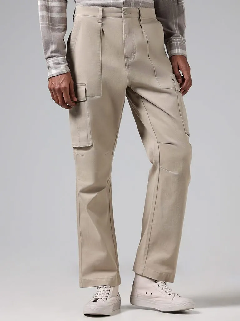 Nuon Beige Cotton Blend Relaxed-Fit Mid-Rise Cargo Chinos