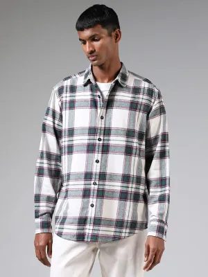 Nuon Off White Plaid Checked Relaxed-Fit Shirt