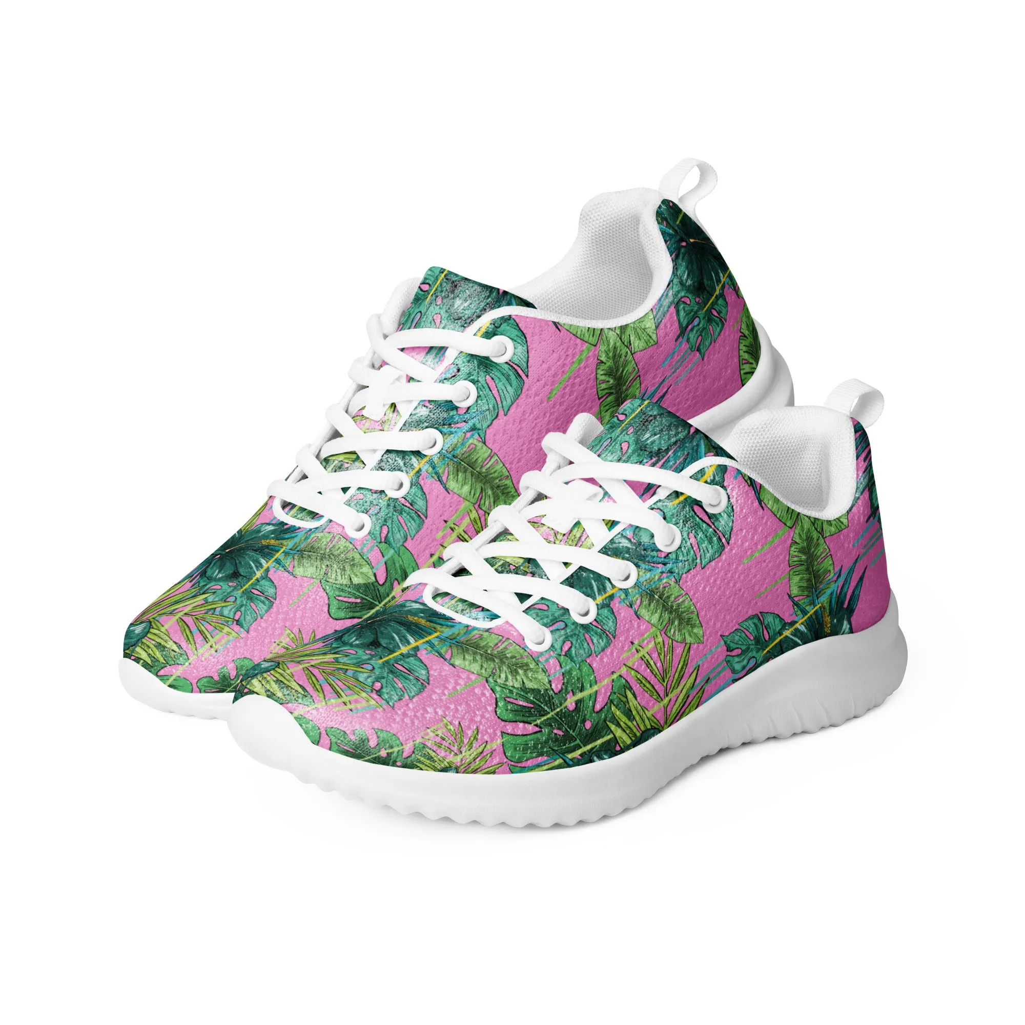 Pink Green Tropical Men's Sneakers, Tropical Leaves Print Breathable Lightweight Men’s Athletic Shoes (US Size: 5-13)