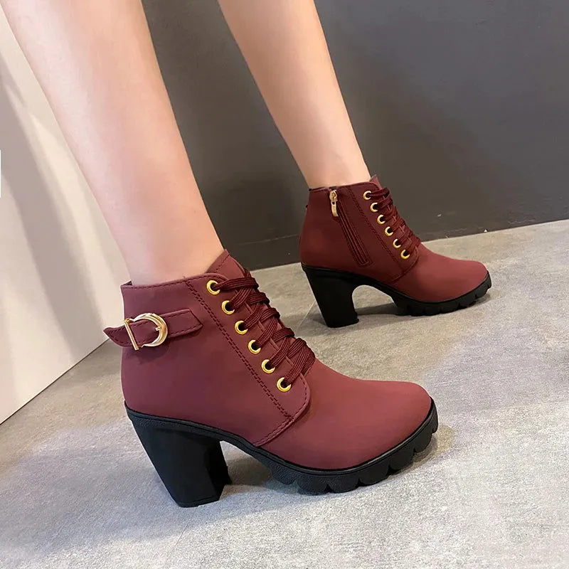 PU Leather Cross-tied Buckle Chunky High Heels Boots