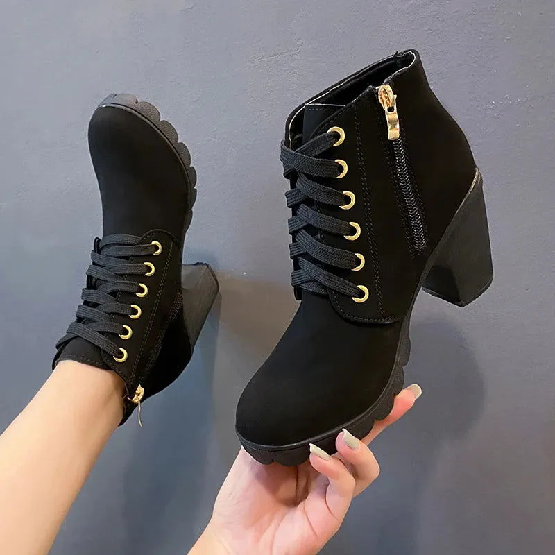 PU Leather Cross-tied Buckle Chunky High Heels Boots