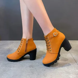 PU Leather Cross-tied Buckle Chunky High Heels Boots