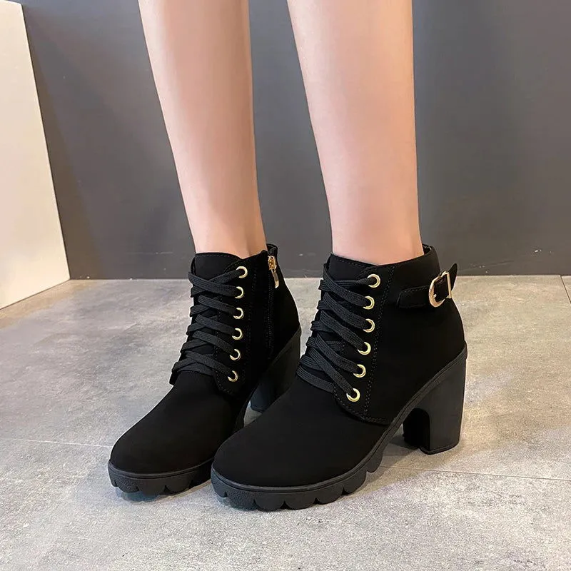 PU Leather Cross-tied Buckle Chunky High Heels Boots