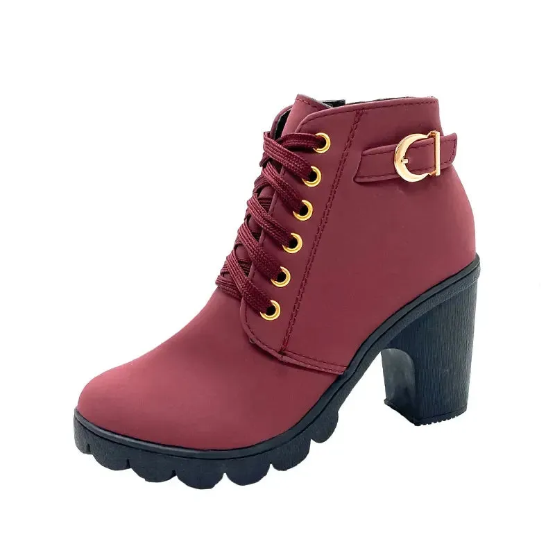 PU Leather Cross-tied Buckle Chunky High Heels Boots