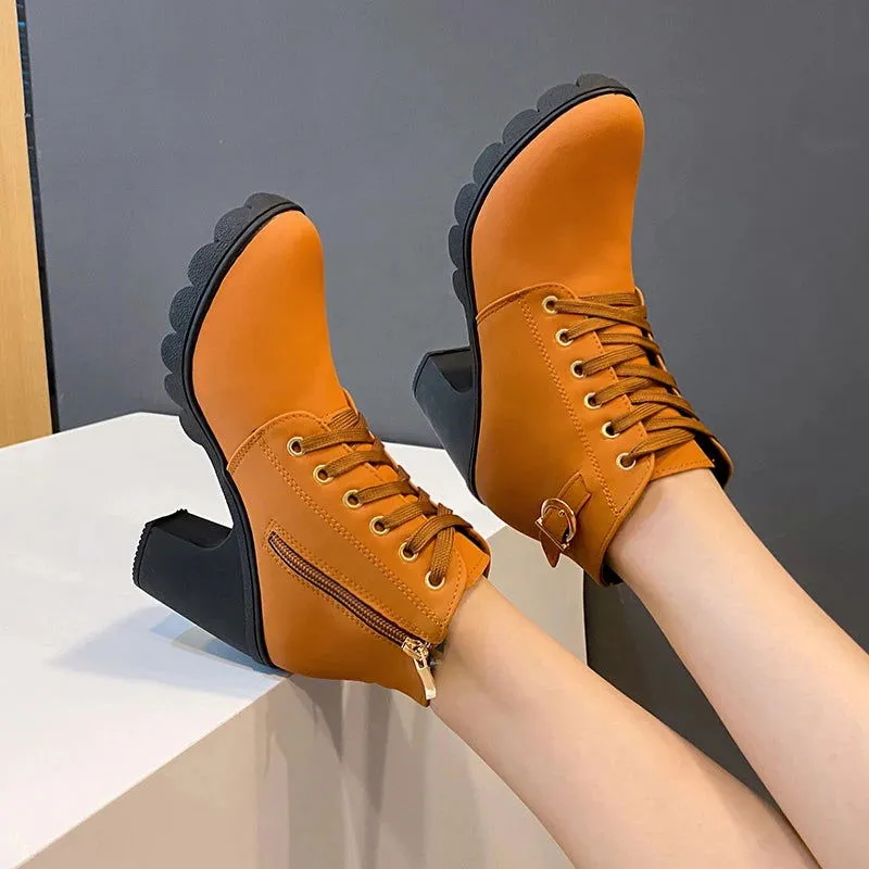 PU Leather Cross-tied Buckle Chunky High Heels Boots