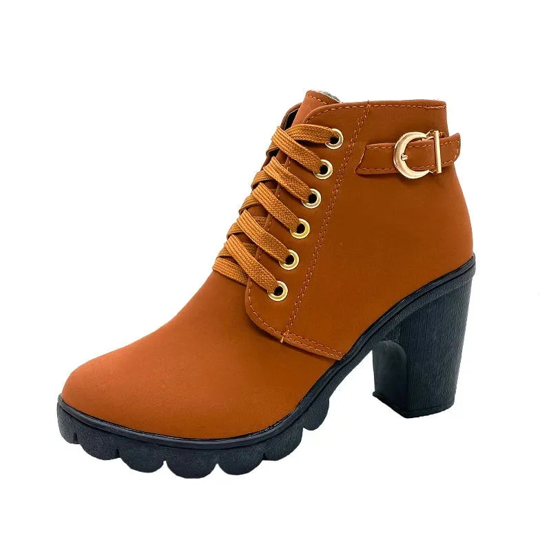 PU Leather Cross-tied Buckle Chunky High Heels Boots