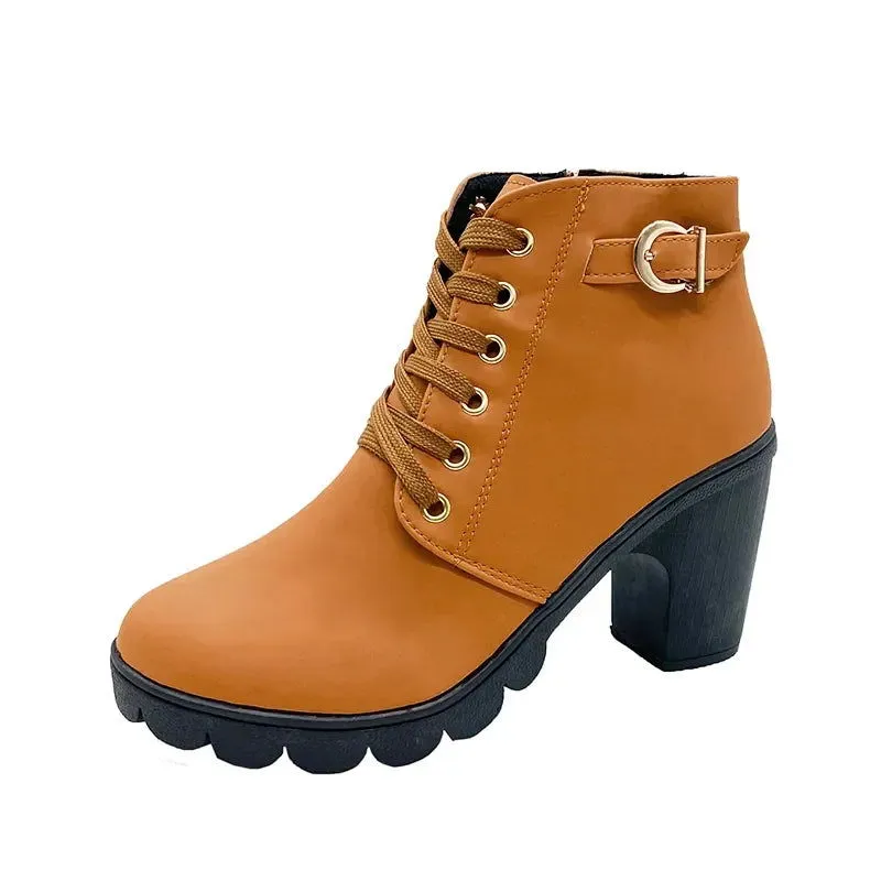 PU Leather Cross-tied Buckle Chunky High Heels Boots