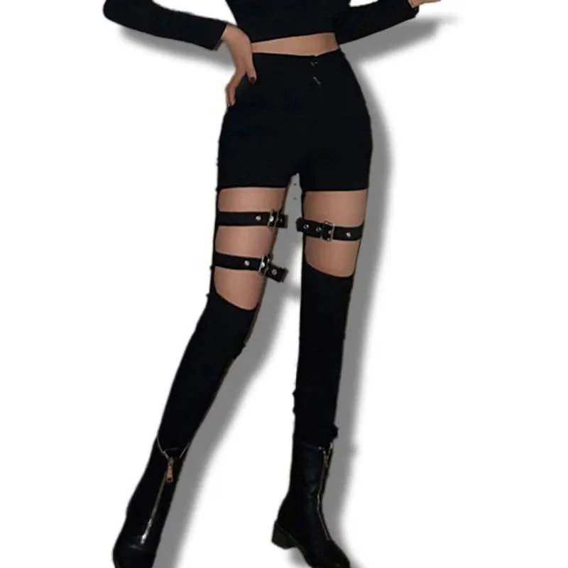 Punk Style Hollow Out Buckle Garter Strap Skinny Pants